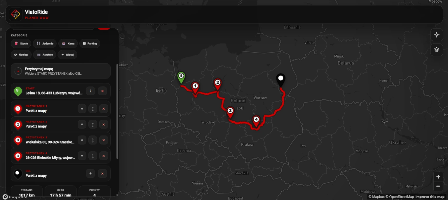 Planer WWW ViatoRide z wyznaczoną trasą na mapie Polski